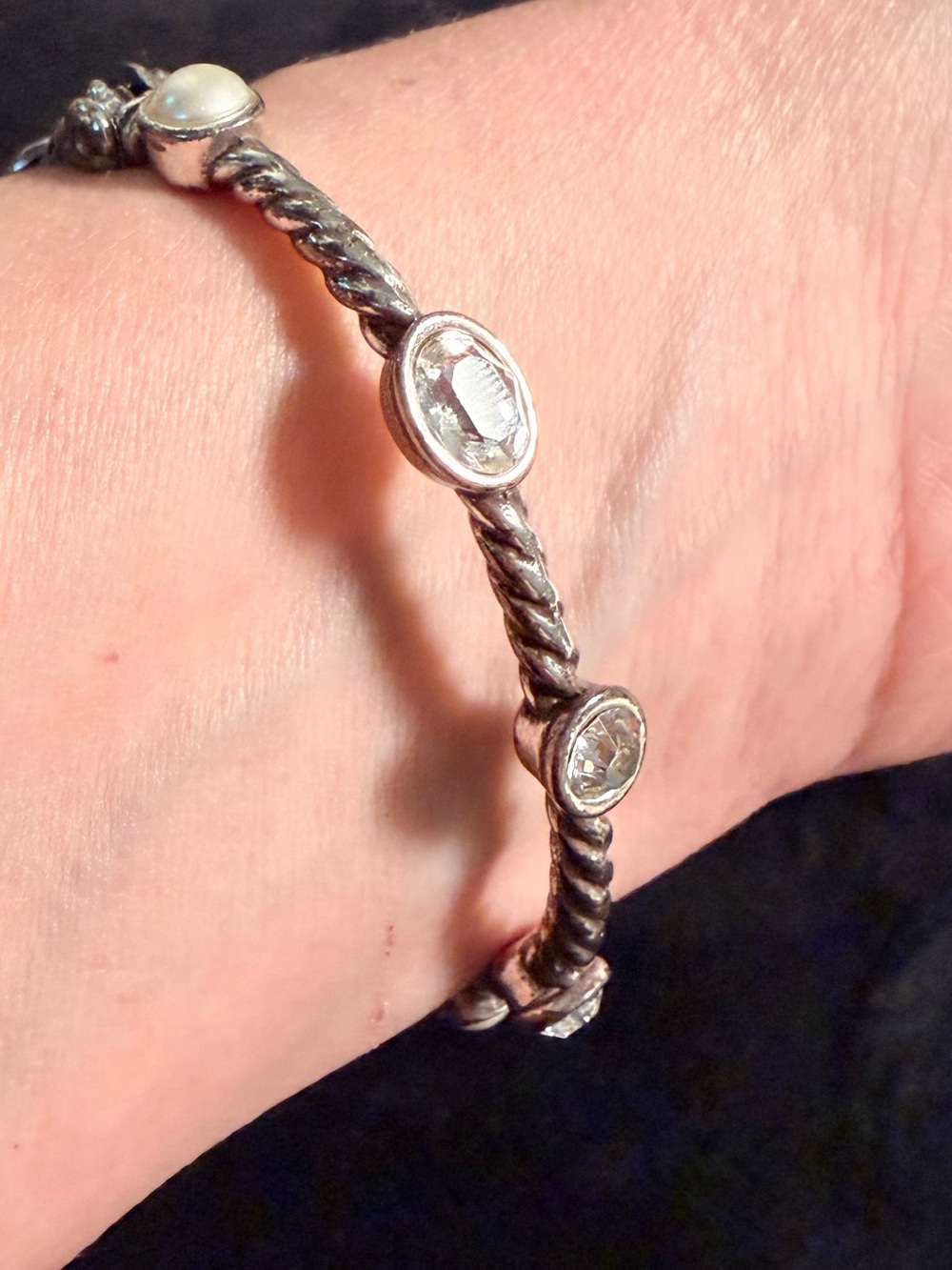 Brighton Monte Carlo Crystal Pearl Silver Hinged Bangle Bracelet